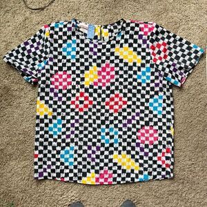 VTG 80s Bobbie Brooks Checkerboard Rainbow Geometric Statement Blouse